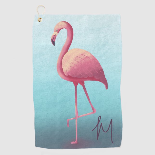 Golf Lover Flamingo Pink Blue  Elegant Monogram  Golf Towel (Front)
