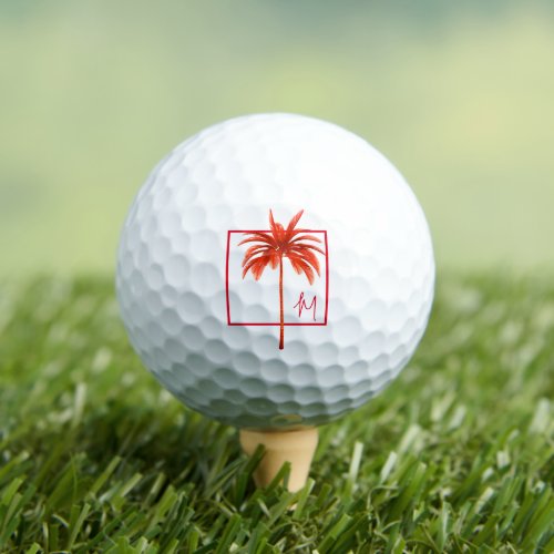 Golf Lover Palm Tree Modern Red Tropical Initial Golf Balls
