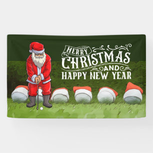 Golf Merry Christmas Santa Claus on green funny Banner