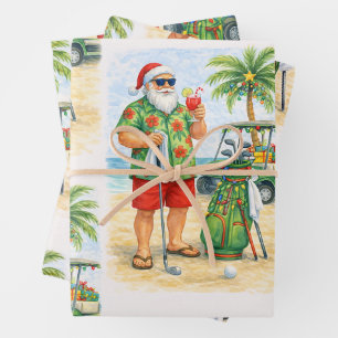 Golf Merry Christmas Santa Golfer Beach themed Wrapping Paper Sheets