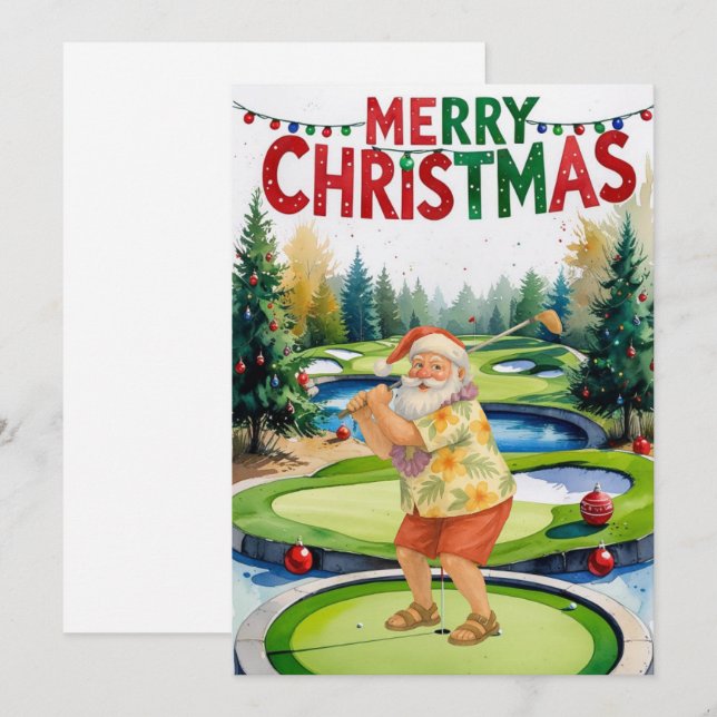 Golf Merry Christmas Santa golfing on course  Holiday Card (Front/Back)