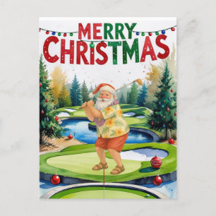 Golf Merry Christmas Santa golfing on course Holiday Postcard