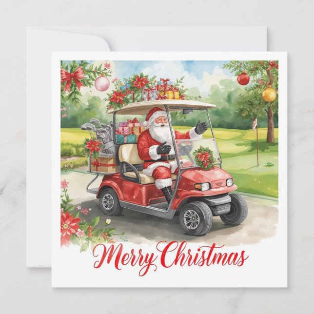 Golf Merry Christmas Santa riding golf cart Holiday Card (Front)