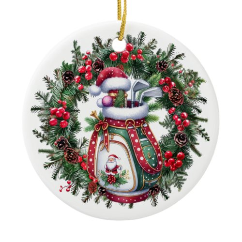 Golf Merry Christmas with golf bag and wreath Ceramic Ornament