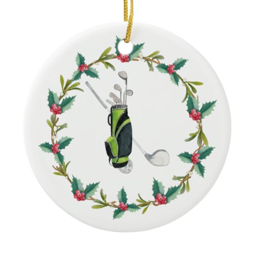 Golf Merry Christmas with golf bag and wreath Ceramic Ornament