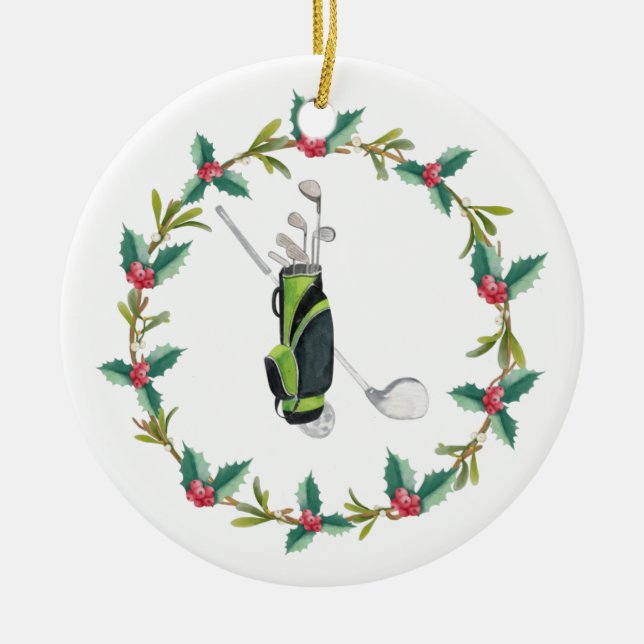 Golf Merry Christmas with golf bag and wreath Ceramic Ornament (Front)