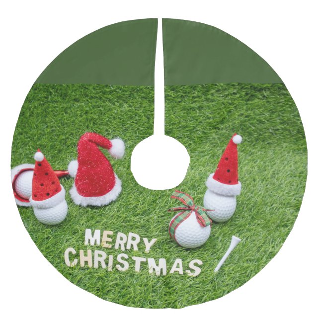 Golf Merry Christmas with golf ball and Santa hat Brushed Polyester Tree Skirt (Front)