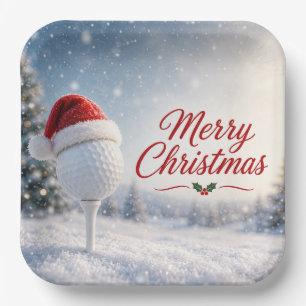 Golf Merry Christmas with Golf ball with Santa Hat Paper Plates