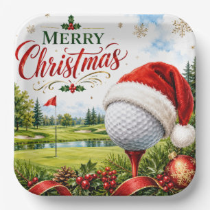 Golf Merry Christmas with Golf ball with Santa Hat Paper Plates
