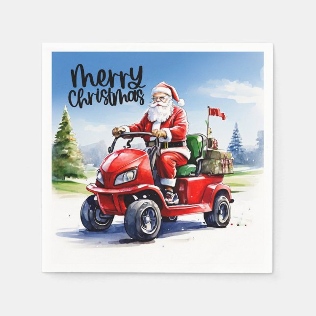 Golf Merry Christmas with Santa Claus and red cart Napkins (Front)