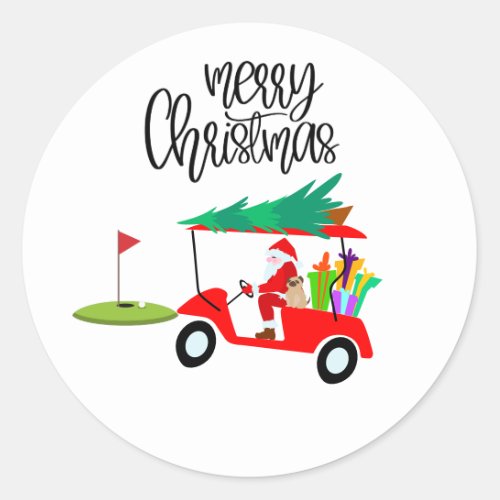 Golf Merry Christmas with Santa Claus at flag  Classic Round Sticker