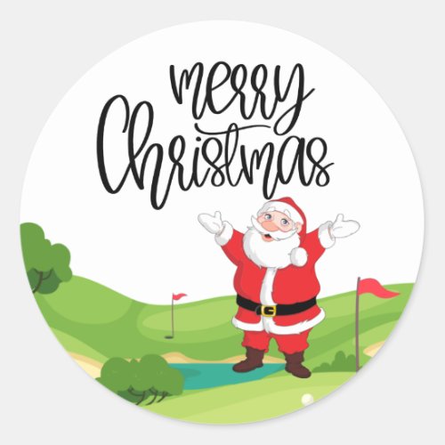 Golf Merry Christmas with Santa Claus at flag   Classic Round Sticker