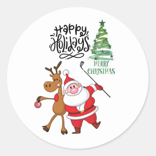 Golf Merry Christmas with Santa Claus at flag  Classic Round Sticker