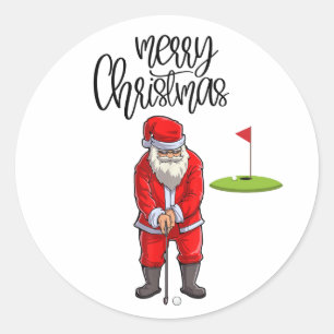 Golf Merry Christmas with Santa Claus at flag Classic Round Sticker