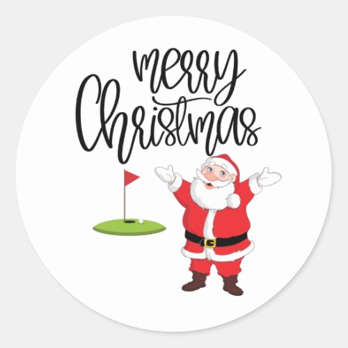 Golf Merry Christmas with Santa Claus at flag  Classic Round Sticker