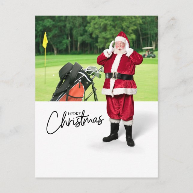 Golf Merry Christmas with Santa Claus at flag  Holiday Postcard (Front)