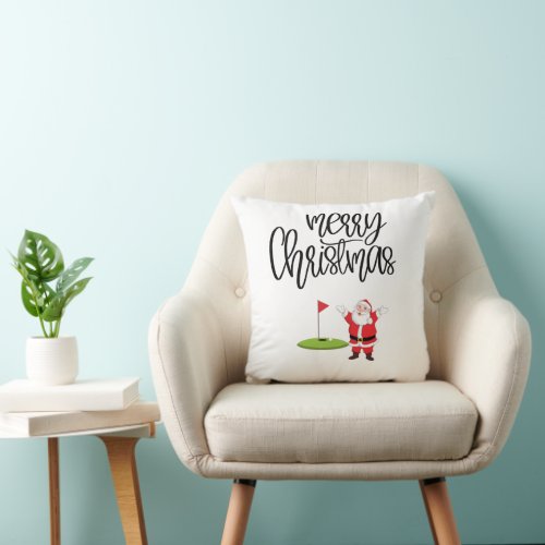 Golf Merry Christmas with Santa Claus at flag  Throw Pillow