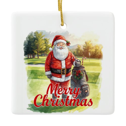 Golf Merry Christmas with Santa Claus Ceramic Ornament