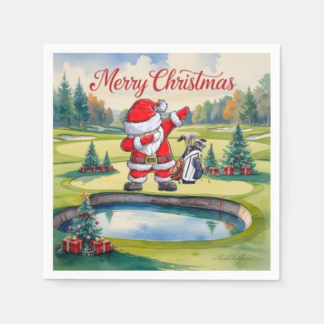 Golf Merry Christmas with Santa Claus dabbing Napkins (Front)