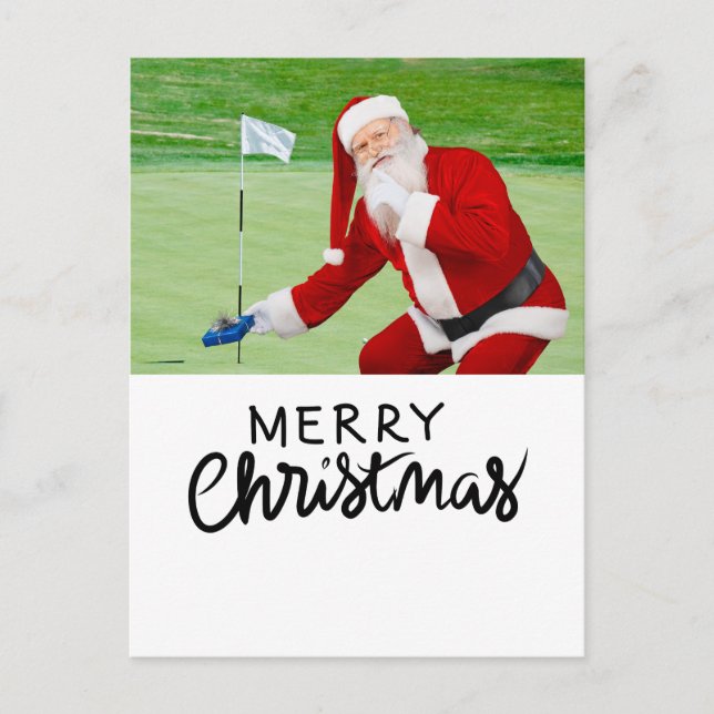 Golf Merry Christmas with Santa Claus on Green  Holiday Postcard (Front)