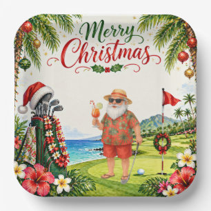 Golf Merry Christmas with Santa Claus Paper Plates