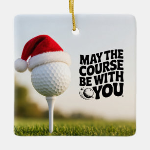Golf Merry Christmas with Santa Hat Golf Ball Ceramic Ornament