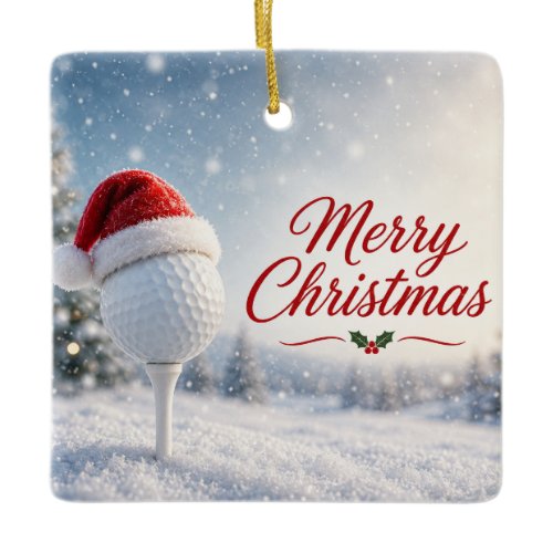 Golf Merry Christmas with Santa Hat Golf Ball  Ceramic Ornament