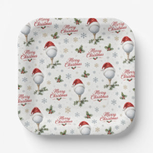 Golf Merry Christmas with Santa Hat Paper Plates