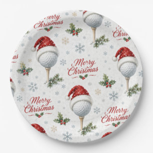 Golf Merry Christmas with Santa Hat Paper Plates