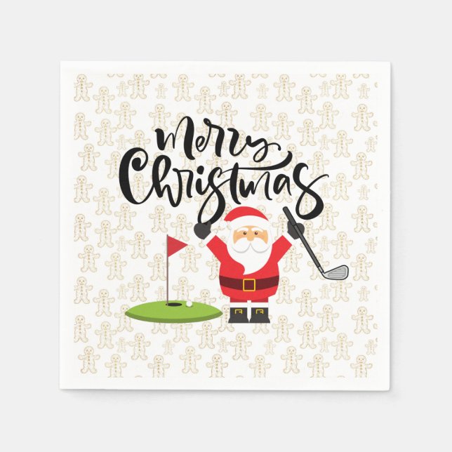 Golf Merry Christmas with Santa  on gold ginger Napkins (Front)