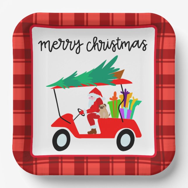 Golf Merry Christmas with Santa riding golf cart   Paper Plates (Front)