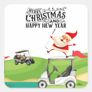 Golf Merry Christmas with Santa riding golf cart Square Sticker