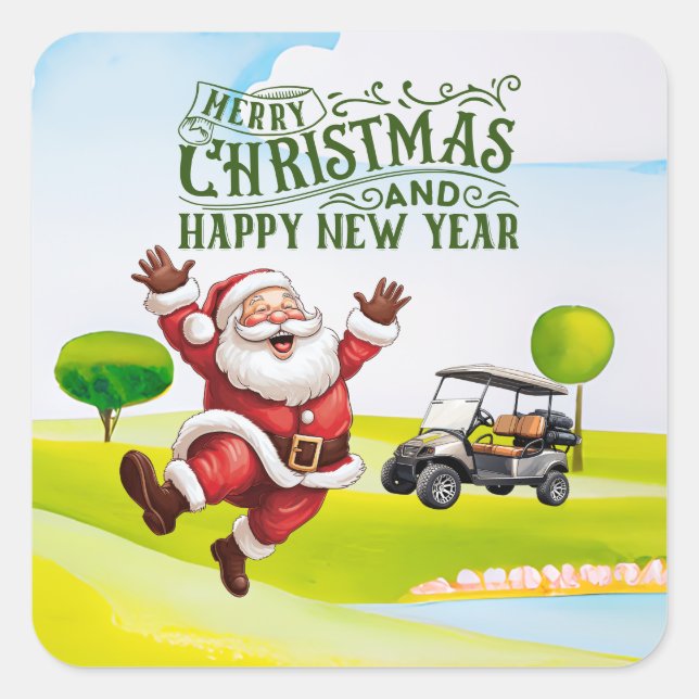 Golf Merry Christmas with Santa riding golf cart  Square Sticker (Front)