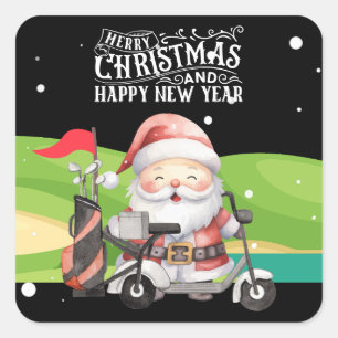 Golf Merry Christmas with Santa riding golf cart Square Sticker