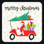 Golf Merry Christmas with Santa riding golf cart  Square Sticker<br><div class="desc">Golf Merry Christmas with Santa riding golf cart</div>