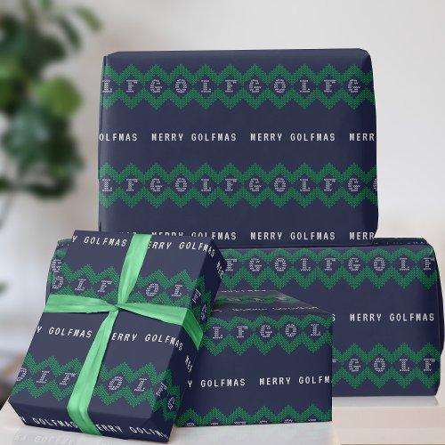 Golf Merry Golfmas Blue and Green Wrapping Paper