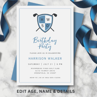 Golf Modern 50th Adult Birthday Party Stylish Blue Invitation