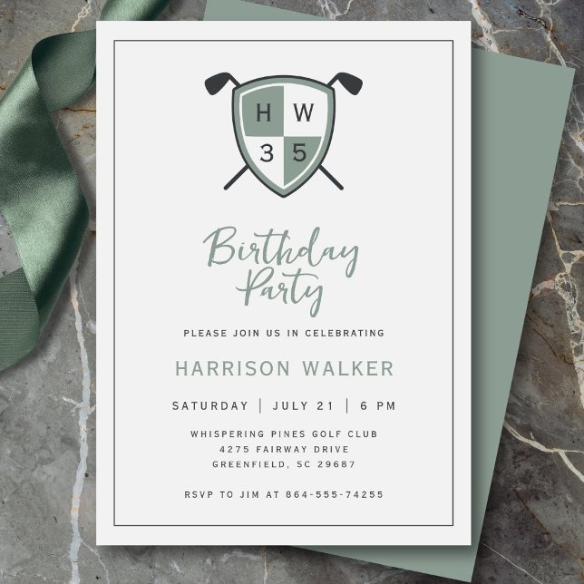 Golf Modern Any Age Birthday Party Stylish Green Invitation (Modern golf crest design with personalized initials and age.)