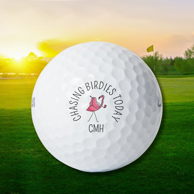 Golf Modern Monogram Chasing Birdies Flamingo Pink Balls (Personalized for your next round.)