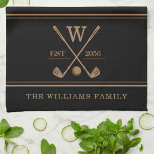 Golf Monogram Family Name Brown Black Kitchen Towel