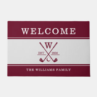 Golf Monogram Family Name Burgundy Gray Doormat