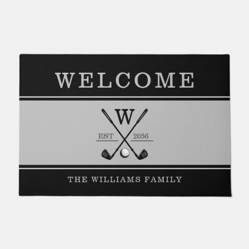Golf Monogram Family Name Charcoal Gray Black Doormat