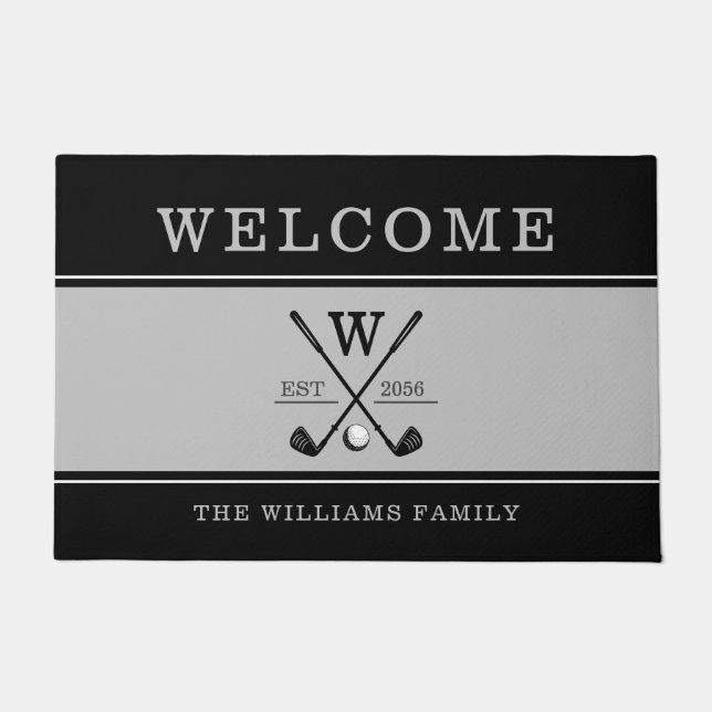 Golf Monogram Family Name Charcoal Gray Black Doormat (Front)