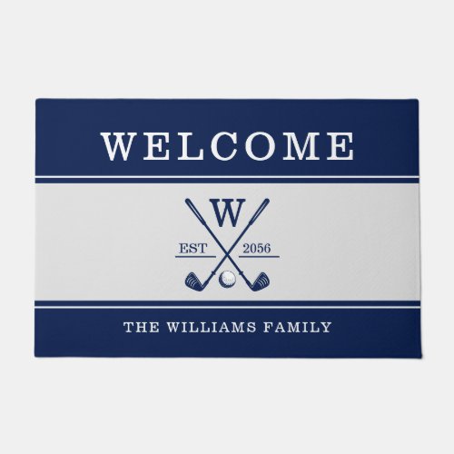 Golf Monogram Family Name Navy Gray Doormat