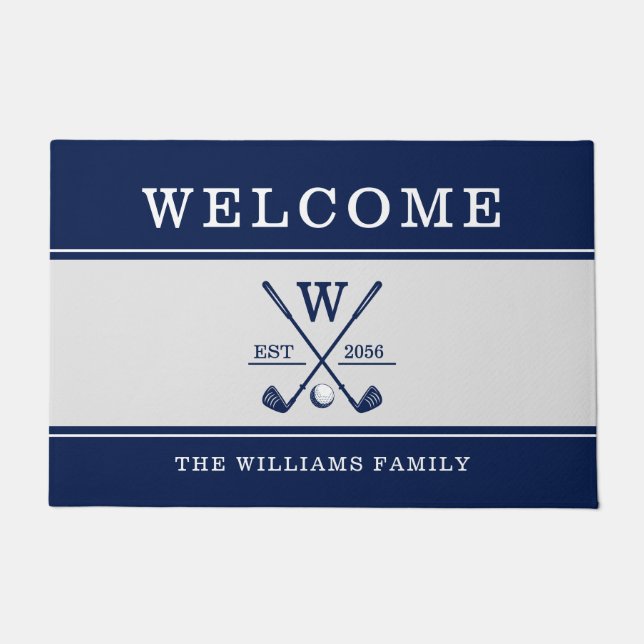 Golf Monogram Family Name Navy Gray Doormat (Front)