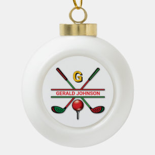 Golf Monogram Metallic Green and Silver Ceramic Ball Christmas Ornament