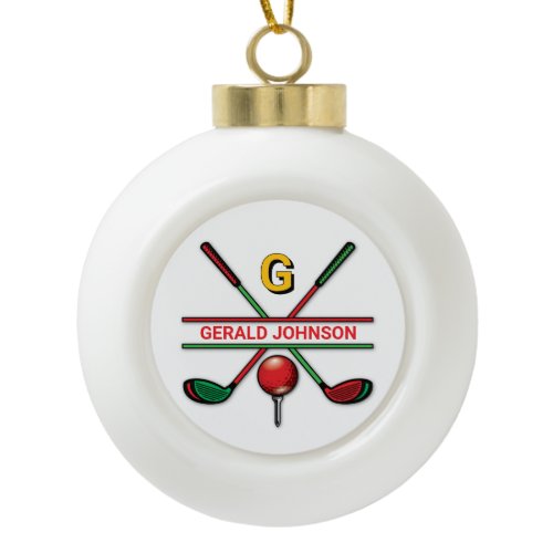 Golf Monogram Metallic Green and Silver Ceramic Ball Christmas Ornament