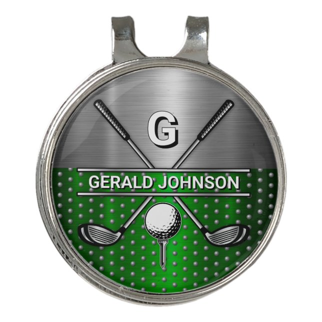 Golf Monogram Metallic Green and Silver Hat Clip (Front)