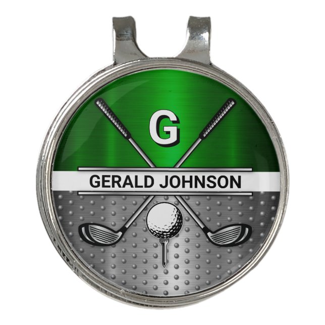 Golf Monogram Metallic Green and Silver Hat Clip (Front)