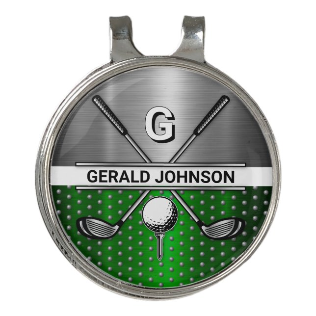 Golf Monogram Metallic Green and Silver Hat Clip (Front)